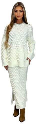 Mississhop 394 Damen Strickset mit Pullover Rock Strickpullover Strickrock Creme