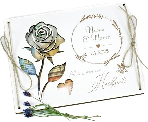 DEKOLANDO Personalisiertes Geldgeschenk zur Hochzeit - Holzkarte Rose inkl. Name Wunschtext - Geld Hochzeitsgeschenk Holz Karte zur Hochzeit 20x15 cm (Rose)