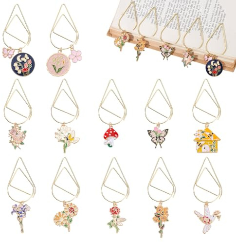 AHANDMAKER 12 Stück 12 Stile Blumen Schmetterling Mond Stern Lesezeichen Blumen Büroklammern Ästhetische Lesezeichen Aus Metall Mit Emaille Schmetterlingsblumen Anhängern Für Bücherliebhaber