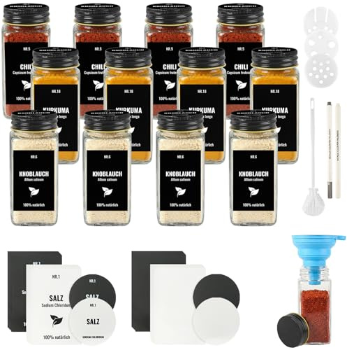 JAECU 12Pcs Glass Spice Jars with Aluminium Lids 120ml Square Spice Bottle | Small Seasoning Containers with Shaker, for Herbs, Salt, Pepper, Msg, Black