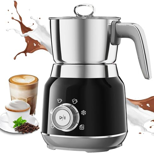 Yaskyly Espumador de Leche Eléctrico 6 en 1, 560W, 1L,Espuma Fría y Caliente y Calentador de Leche para Café con Leche, Capuchinos, Macchiato, Acero Inoxidable, Apto para Lavavajillas (negro)