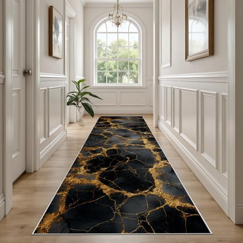 Lwznbio Schwarz Gold Marmor Küchenläufer 80x350 Modern Abstrakt Kunst Teppich Läufer Flur Teppichläufer Küchenläufer Küche Teppiche rutschfest Waschbar Bettvorleger