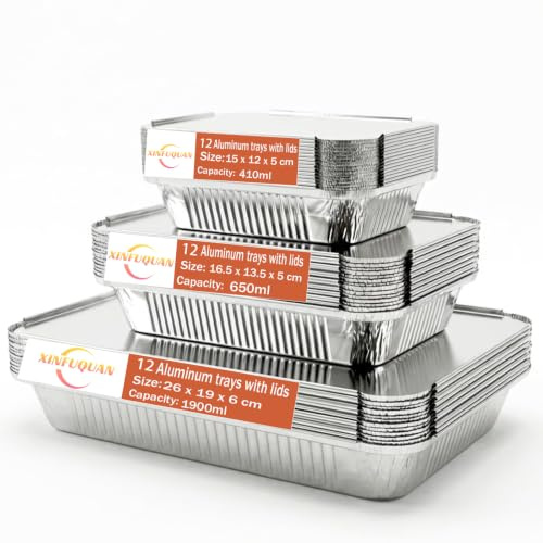 Xinfuquan 36 Bandejas de Aluminio para Barbacoa con Tapa, 12 Piezas de Cada Especificación: 1900ml/650ml/410ml, Bandejas Reutilizables para Hornear, Cocinar y Uso en Horno