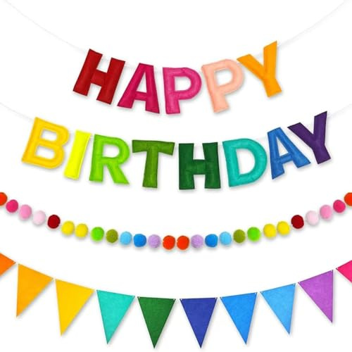Happy Birthday Banner, wiederverwendbar, Happy Birthday, Regenbogen, Wimpelkette mit Buchstaben und Filzkugeln, vormontierte Girlande für Geburtstagsfeiern