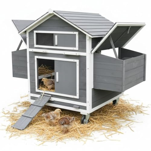 Mucola Hühnerstall mobil mit Rollen für 6-8 Hühner 2 Nestboxen Holz Grau | rollbares Hühnerhaus für Freilandhaltung, 4 Nistplätze, Reinigungsschublade, wetterfest, erhöht gebaut, Wachteln, Outdoor