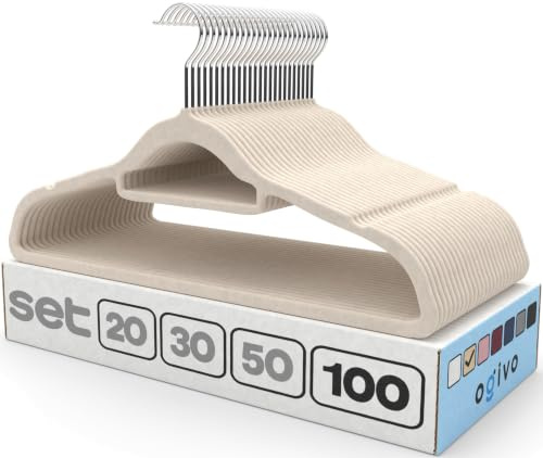 OGIVO Kleiderbügel Samt 100er Set (Beige) 360° drehbarer Haken rutschfest | Hangers Clothes, Krawattenhalter, Schulterkerben, Hosenbügel, 360° drehbarer Haken, rutschfest