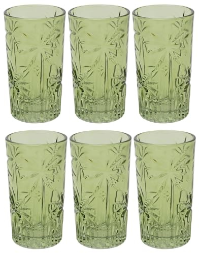 Carousel Home Set of 6 Green Highball Tumbler Glasses, 330ml Palm Embossed Drinking Glasses, 13.5cm Tropical Cocktail Drinkware