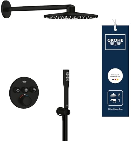 GROHE Precision SmartControl 310, Unterputz Duschsystem (31cm Regendusche mit Thermostat, Kopfbrause 2 Strahlarten, Duschkopf 1 Strahlart, 1,50m Duschschlauch), rund, mattschwarz, 348742430