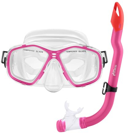 Two Bare Feet Snorkel and Mask PVC Diving Set – (Kids) Snorkeling Gear with Anti-Leak Design, Comfortable Fit, Clear Vision Lens, and Adjustable Straps for Diving, Swimming & Watersports (Pink)