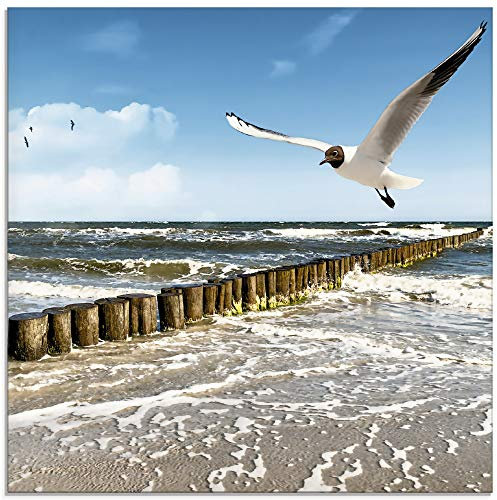 ARTland Wanddeko Glasbilder Wandbild Glas Bild einteilig 50x50 cm Quadratisch Strand Möwen Meer Wellen Küste Ostsee Sommer Urlaub Natur Landschaft T5QR