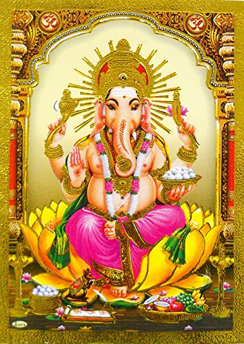 Crafts of India Blessing Ganesha Poster/Reprint Hindu God Picture with Golden Foil (Unframed : Size 5X7 inches)