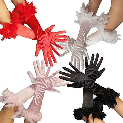 Federhandschuhe für Damen - in den Farben rosa rot schwarz und weiss - Damen Handschuhe Feder pink Handschuhe 20er Jahre Edel Federn Glamour Mafia Gangster Farbe Rot