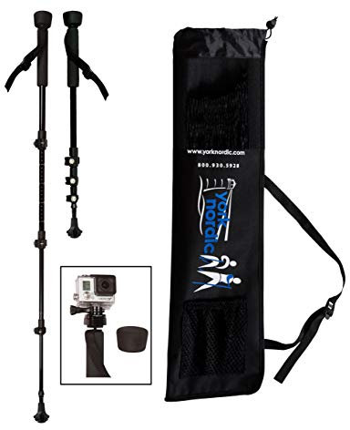 York Nordic PRO Collapsible Trekking/Hiking/Walking Poles - Pair with GoPro Camera Mount, Flip Locks, Rubber Feet - Black