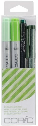 COPIC Ciao Set Doodle Pack Green, 4er Set mit 2 Twin Marker mit einer mittelbreiten und einer Brush-Spitze inkl. Multiliner und Glitter Pen