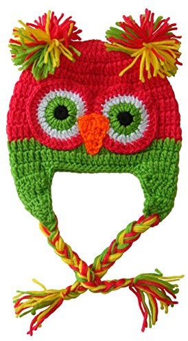 BOMIO Kindermütze | niedliche Baby-Mütze | Erstlingsmütze aus hautfreundlicher Baumwolle | süße Kinder-Strickmütze | lustige bunte Eulen | Grün/Rot