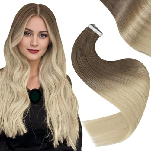 Easyouth Echthaar Extensions Tape in Ombre Echthaar Tape in Haarverlangerung Remy Tape in Extensions Echthaar Aschbraun Mix Platinblond 8/60 45 cm 40g