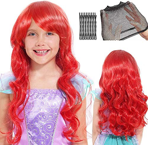 Tacobear Cosplay Perücke Meerjungfrau Perücke Kinder Mädchen Rot Lang lockig Perücke mit Perücke Kappe und Haarklemmen für Cosplay Halloween Karneval