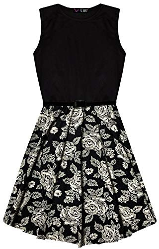 A2Z 4 Kids Girls Floral Contrast - Skater Dress Floral Panel Black 7-8