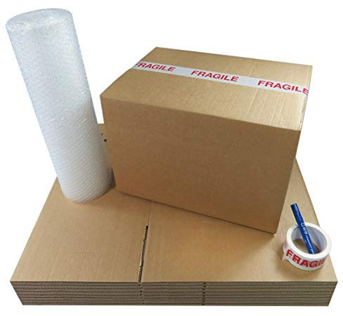 GP Heavy Duty Large Cardboard Moving and Storage Boxes - 42 Litre 46 x 31 x 31 cm (10 Pack) With Fragile Tape Marker and Bubble Wrap | Strong Double Walled Cardboard | Packing Kit for Moving House