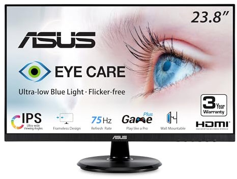 ASUS VA24DQ Schermo 24 Full HD 1080p 75Hz, IPS, Adaptive-Sync/FreeSync, Eye Care, HDMI DisplayPort VGA, senza cornice, VESA Montaggio a parete
