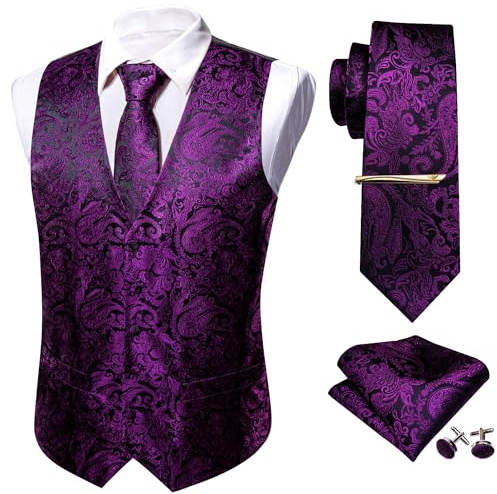Barry.Wang Set Gilet Formale da Uomo Paisley Cravatta Fazzoletto Gemelli Clip Abito Panciotto Designer 5PCS, Viola scuro, XXXL