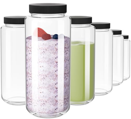 Yishik 16 oz Glass Bottles with Airtight Lids,6 Pack Empty Glass Juice Bottles,500ml Wide Mouth Glass Water Bottle,Drinking Jars for Milk,Beverages and Smoothies