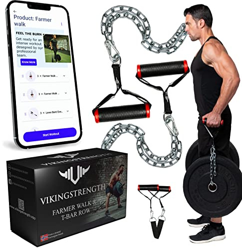VIKINGSTRENGTH Farmers Walk Griffe, Strongman Equipment in Paar + T-Bar Reihengriffe Wikinger Pressaufsatz + V-Stength Workout App