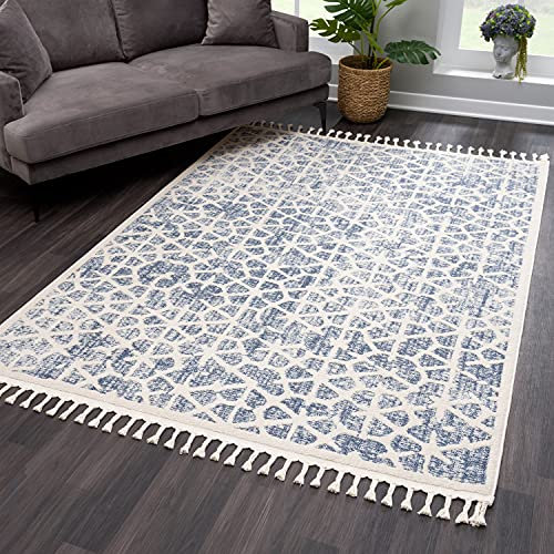 payé Teppich Wohnzimmer mit Fransen - Blau Cream - 160x230cm - Kurzflor Deko Boho Schlafzimmer Flur Dekoration Läufer Kinderzimmer - Skandinavische Teppiche