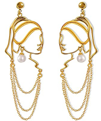 TIANHONGYAN Unique Abstract Face Art Long Drop Dangle Earrings Dainty Hollow Gold Vintage Face Geometric Dangle Earrings Statement Jewelry for Women (gold)