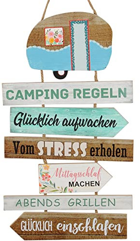 B2S BACK2SEASON Schild mit Campingregeln zum Hängen Holz Tafel Wand-Deko H= 62 cm + 13 cm Hänger