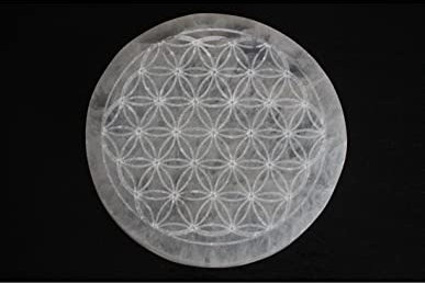 Plaque de chargement en sélénite en forme de fleur de vie - Grande plaque en cristal naturelle - Pierre précieuse de guérison - Soucoupe ronde - Blanc