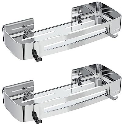 Strength Enemy: 2 Mensole per Doccia Senza Foratura, Rettangolari, Acciaio Inox, 4 Ganci, Organizer per Bagno, Cucina, Argento