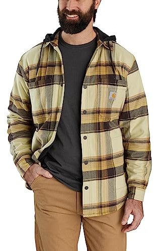 Carhartt 105938 Relaxed Fit Rugged Flex Flannel Fleece-Lined Hooded Shirt Jac DARK BROWN L