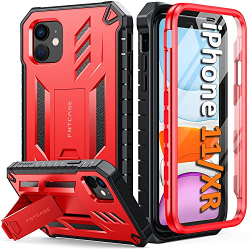 FNTCASE for iPhone 11 Phone Case: for iPhone XR case with Kickstand Shockproof Military Grade Protective Cover - Dual Layer Full Protection Matte Textured Drop Proof - 6.1 Inch Red