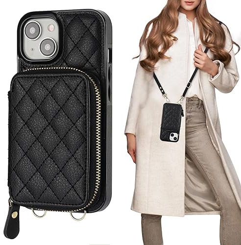 Bocasal Crossbody Wallet Case for iPhone 15, RFID Blocking PU Leather Zipper Handbag Purse Flip Cover, Kickstand Folio Case with Card Slots Holder Wrist Strap Lanyard 5G 6.1 Inch (Black)