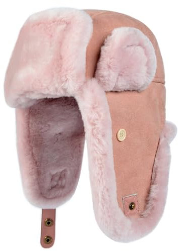 Harssidanzar Lammfell Shearling Wintermütze für Herren und Damen Echtes Leder Trappermütze Fliegermütze Aviatormütze Hut mit Ohrenklappen CU603EU,Rosa, Größe L