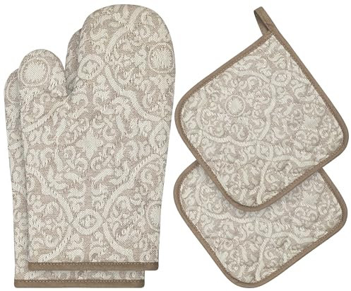 Weave Essentials 4pc Kitchen Linen Set - 2pc Oven Glove & 2pc Pot Holder, 100% Cotton with Hanging Loop, Premium Quality Non-Slip Heat Resistant Oven Baking Mitt & Pot Holder for Kitchen | Beige
