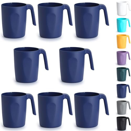 Berglander Blaue Plastik Kaffeetassen Set 8er 450ml, Kunststoff Kaffeebecher mit Griffen mehrweg Wasserbecher, leicht zu tragen, ideal für Zuhause, Garten, Picknick, Camping