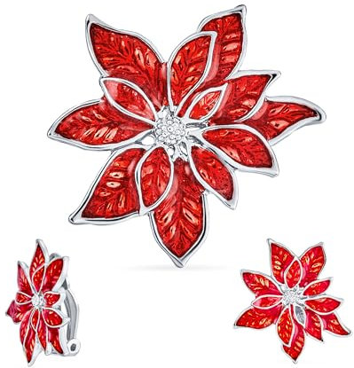 Grande Déclaration Fleur Fête De Vacances Blanc Rouge Émail Poinsettia Broche Clip Sur Boucles D’Oreilles De Noël Foulard Pin Bijoux Ensemble Pour Femmes Argent Plaqué