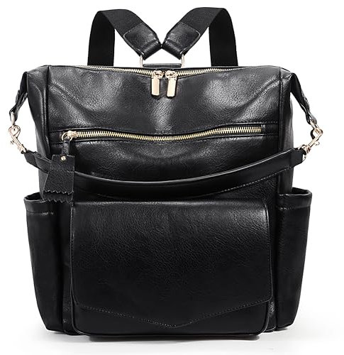 UTO Rucksack Damen Elegant Kunstleder Rucksack Handtasche Damen 2 in 1 Rucksäcke Groß Tagesrucksack Daypack Mode Wasserdicht Schultertaschen Vielen Kompartiment Reißverschluss Schwarz