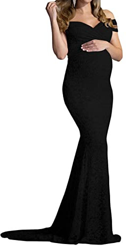Robe Long Grossesse Chic Et Elegant Manche Courte Col en V Robe à épaules Dénudées Enceinte Pas Cher Robe Maternité Fête Soirée Mariage Cérémonie Shooting Photo (Black, XL)
