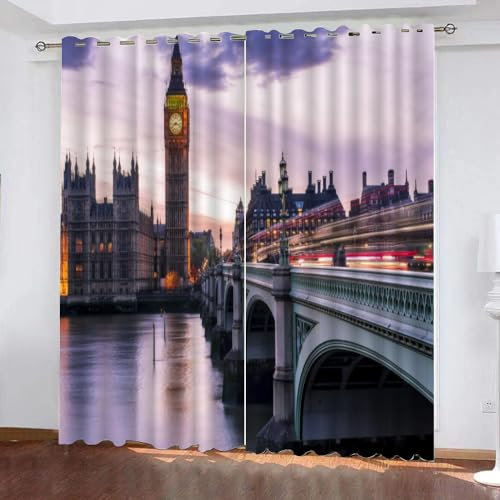 GIOVIA 3D London Vorhang Abdunkelnde Stadtansicht Polyester Vorhänge mit ösen 2er Set Gardinen Blickdicht Verdunkelungs Geräuschreduzierung für Schlafzimmer Wohnzimmer B 220 X H 215 cm