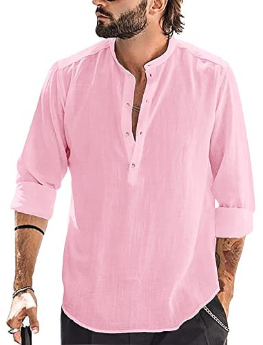Runcati Camicia da uomo in cotone e lino, a maniche lunghe, colletto alla coreana, elegante, rosa, L