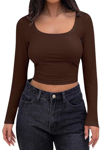 Womens 2024 Summer Casual T-Shirts Women's Skim Dupes Basic Crop Tops Solid Color Short Sleeve Crewneck Shirt Y2K Slim Fit T-Shirt Streetwear Cotton Tops for Women UK Basic (Coffee, XL)