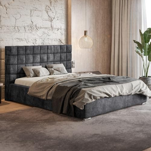 MOTIVENA Paris Bett 140x200 Grau Samt, mit Stauraum, mit Kopfteil, mit Lattenrost, mit Füßen, ohne Matratze, Polsterbett 140x200 mit Bettkasten Grau (Anthrazit)