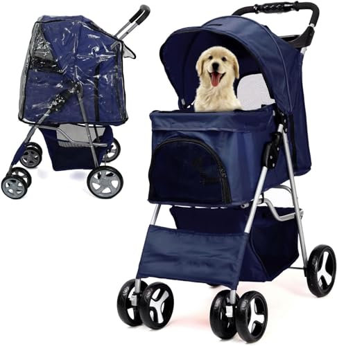 JupiterJX Dog Stroller with Rain Cover, Pet Pram for Small Medium Dogs, Dog Buggy with Storage Basket Cup Holder, Cats Dogs Pushchair, Foldable Pet Pram for Cats Puppies (Navy with Rain Cover)