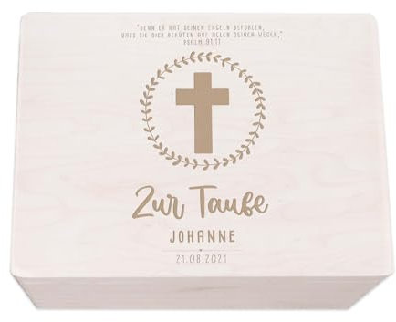 hellomini Taufgeschenke - Personalisierte Erinnerungsbox Taufe aus Holz - Taufgeschenke für Mädchen - Taufgeschenke Jungen - Taufe Geschenk (Kreuz/Kranz Gravur, S: 30x20x14cm)