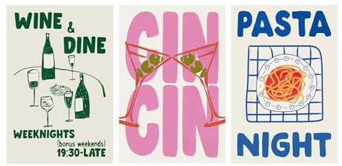 Set mit 3 Drucken, trendiges Cin Cin Cheers Poster, Vintage, Wine Dine Club, Wandkunst Mitte des Jahrhunderts, moderne Pasta-Nacht, Essen, Leinwanddruck, Retro-Cocktailgemälde, ästhetisch für Küche,