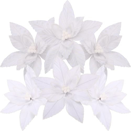 Sea Team Paquete de 6 adornos de flores artificiales de Navidad, juego de flores de Pascua de tela flocada, decoraciones florales para árbol de Navidad, corona, guirnalda, 10 pulgadas, color blanco