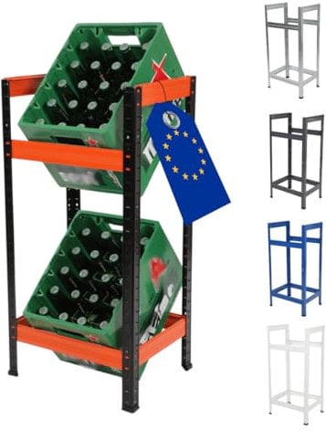 MODO24 Getränkekistenregal Helios Metall, Stabil, Kistenregal für 2 Kisten, Getränkeregal, Kistenständer, Freistehend, Kistenhalter, Kellerregal, Lagerregal, Abmessungen 90x45x35 cm, Schwarz-Orange